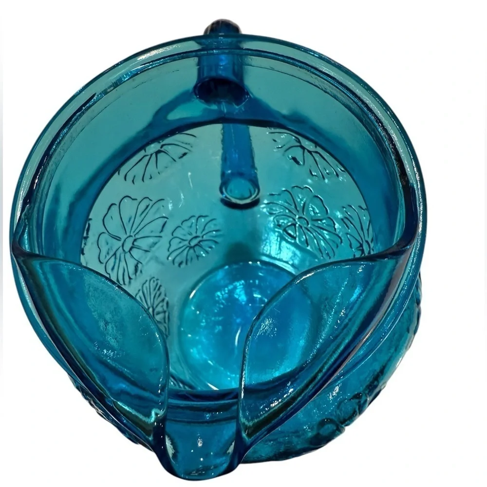 Cobalt Blue Glass Water Pitcher Vtg. 1960’s Embossed Floral Mid Century Modern